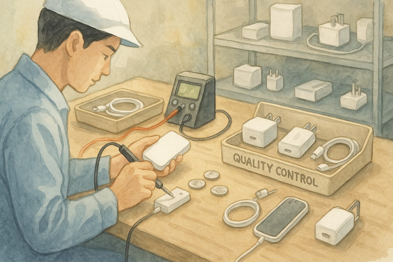 品質管理の作業場で男性がはんだごてを使い白い電子部品を検査している