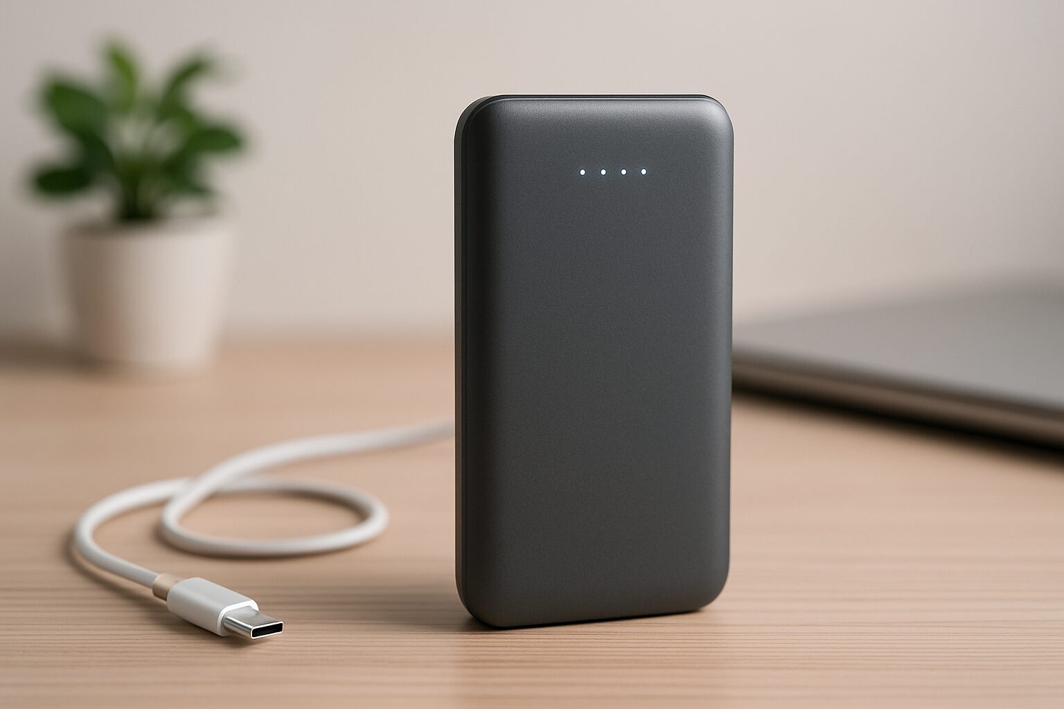 黒いモバイルバッテリーと白い充電ケーブル