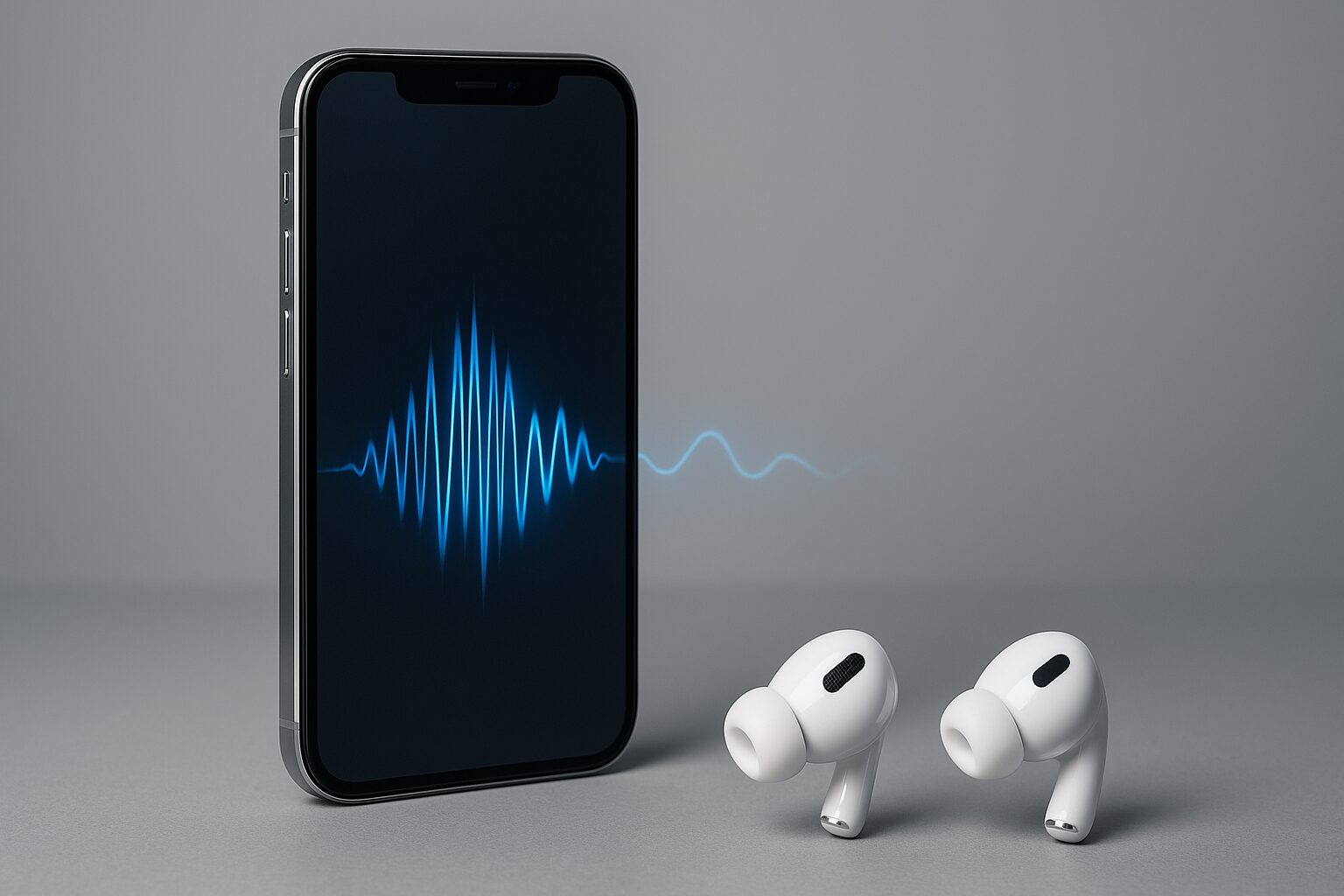 スマートフォンと音の波形とワイヤレスイヤホン