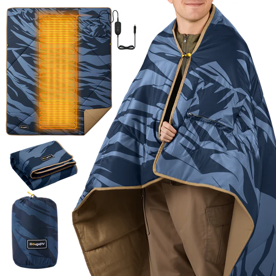 青い迷彩柄の電気毛布を着た男性 温まっている状態と収納例