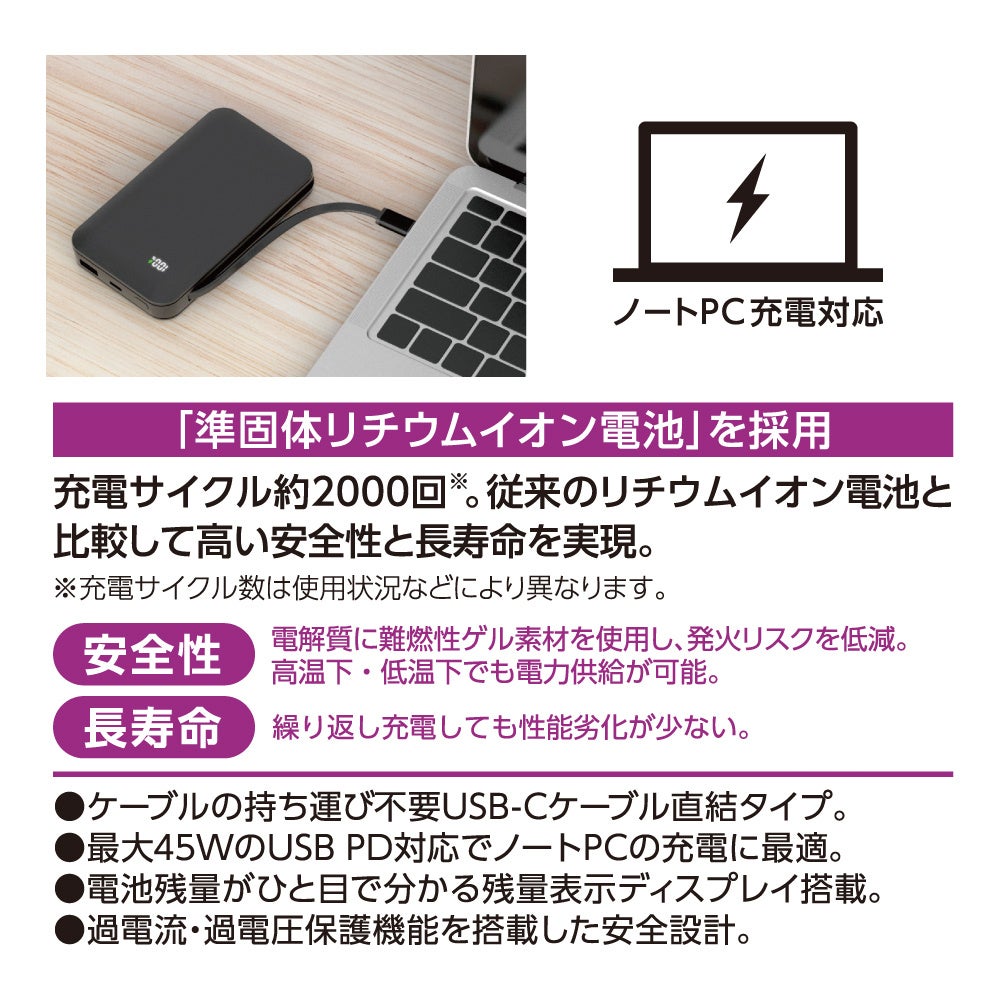 多摩電子工業、次世代電池技術「準固体電池」採用のノートPC対応モバイルバッテリーを発売｜準固体電池モバイルバッテリーの主な仕様（6枚目）