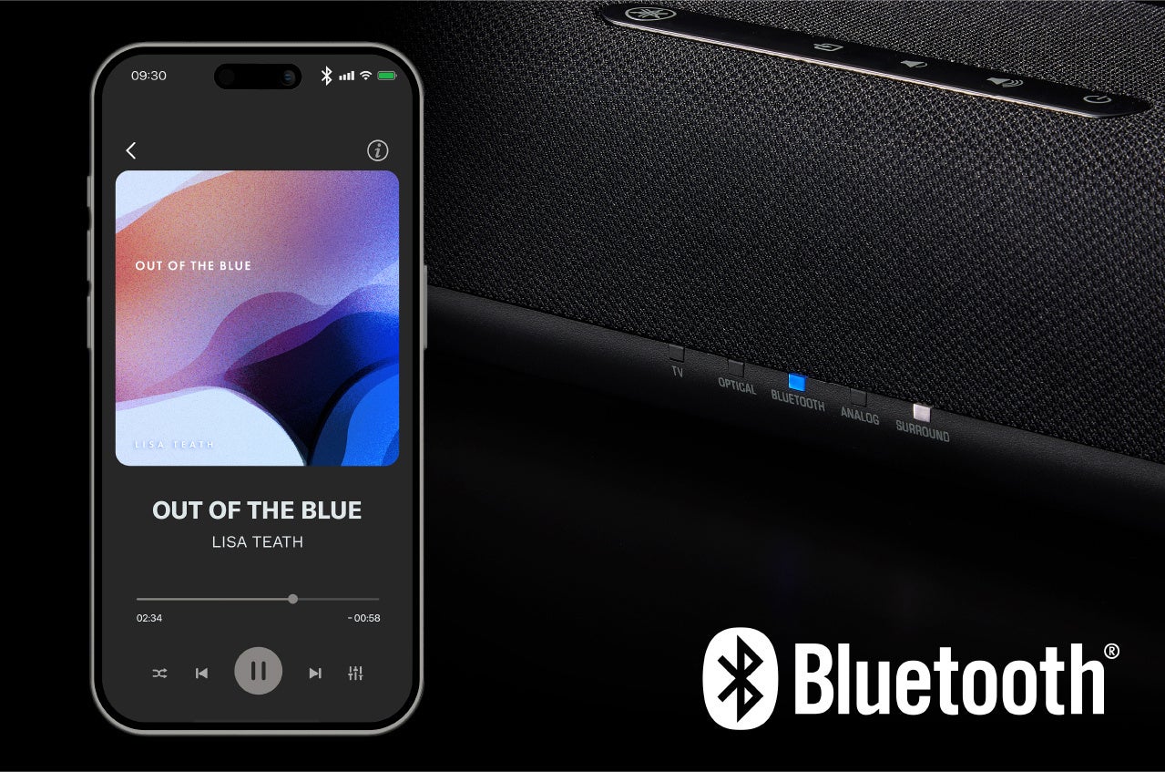 音楽再生中のスマートフォン画面とサウンドバー本体のインジケーター部分