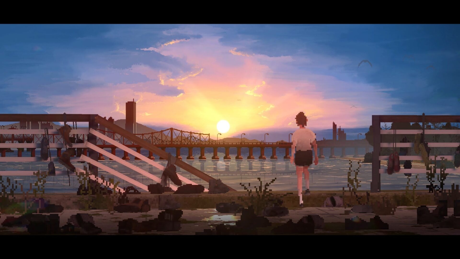壊れた柵の先にある夕暮れの海と橋に向かって歩く人物を描いたピクセルアートのゲーム画面