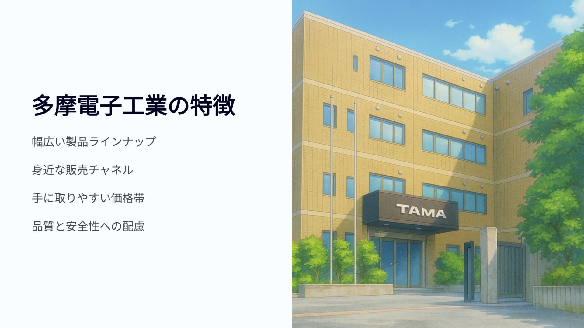 多摩電子工業の特長とTAMAと書かれた会社建物のイラスト