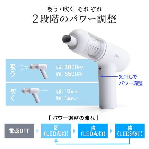 サンワダイレクト、吸引と送風を1台でこなす約320gのコードレス2WAYクリーナーを発売｜200-CDVC002の主なスペック（2枚目）