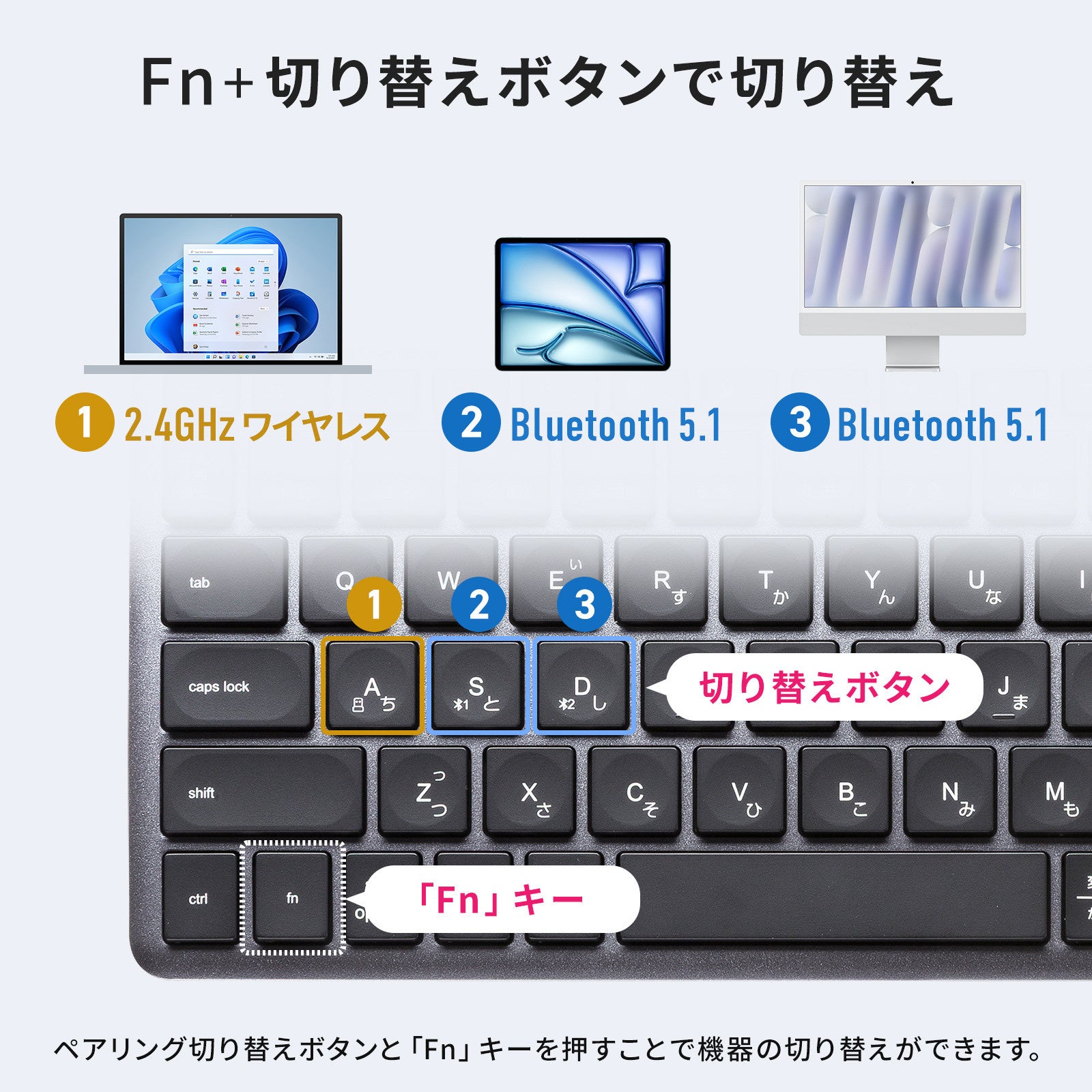サンワサプライ、指先のフィット感を高めたBluetooth＋2.4Gコンボキーボード「SKB-WBT43BK」を発売｜SKB-WBT43BKの製品仕様（8枚目）
