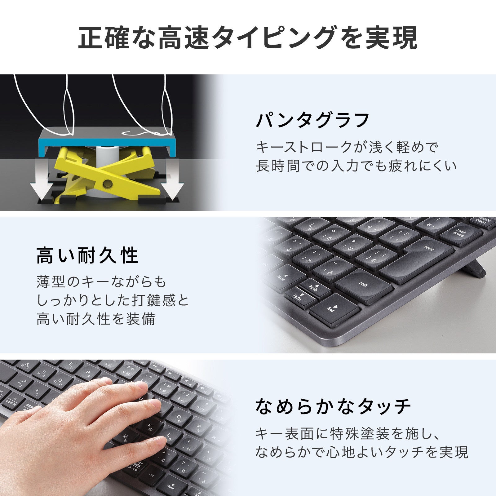 サンワサプライ、指先のフィット感を高めたBluetooth＋2.4Gコンボキーボード「SKB-WBT43BK」を発売｜SKB-WBT43BKの製品仕様（6枚目）