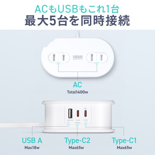 サンワサプライ、コードを巻き取れる最大65W給電対応の5in1モバイルタップを発売｜安全設計と設置のしやすさ（2枚目）