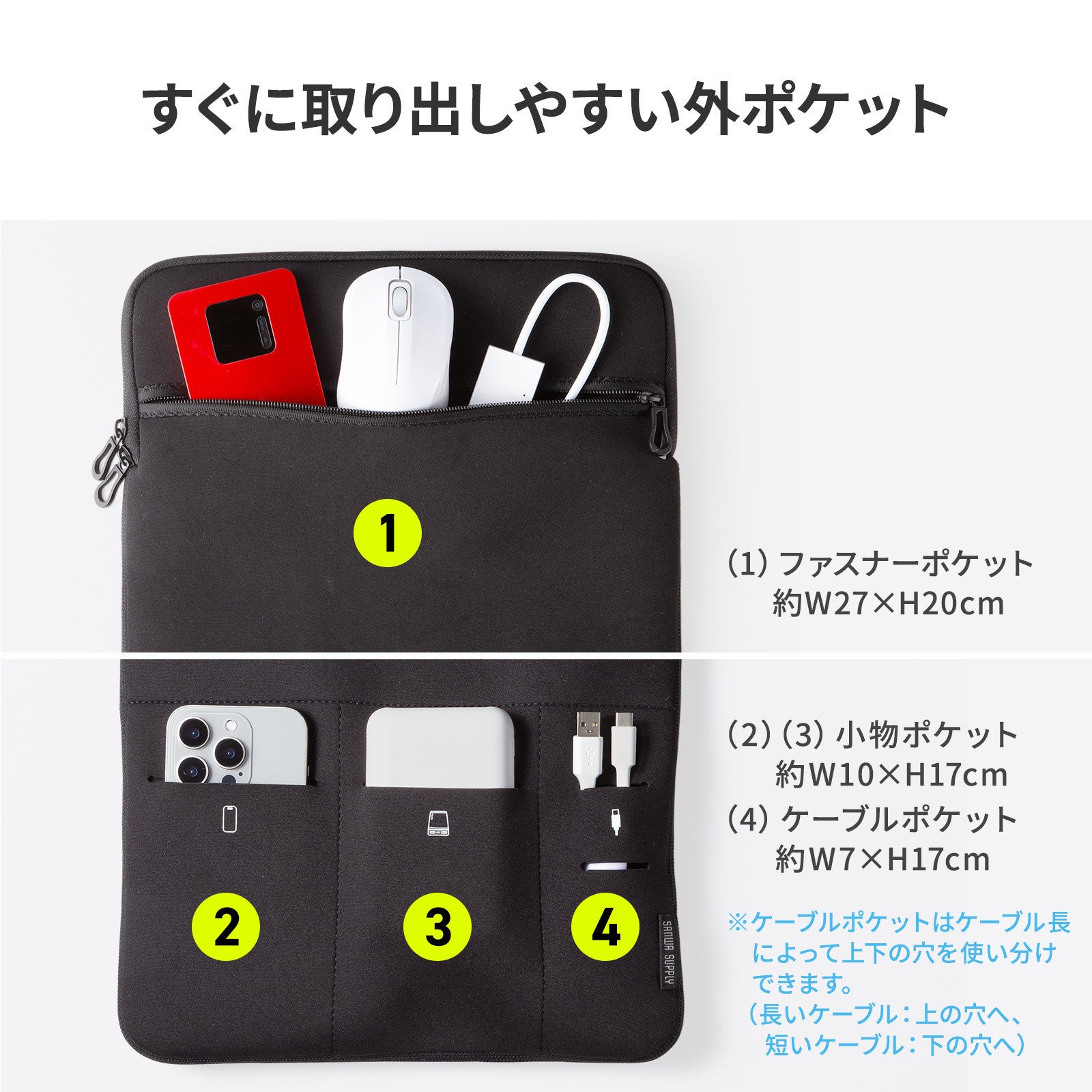 サンワサプライ、ノートPCと周辺小物をまとめて収納できるポケット付きPCプロテクトスーツ2サイズを発売|小物の整理に便利な外ポケットと収納性(7枚目)