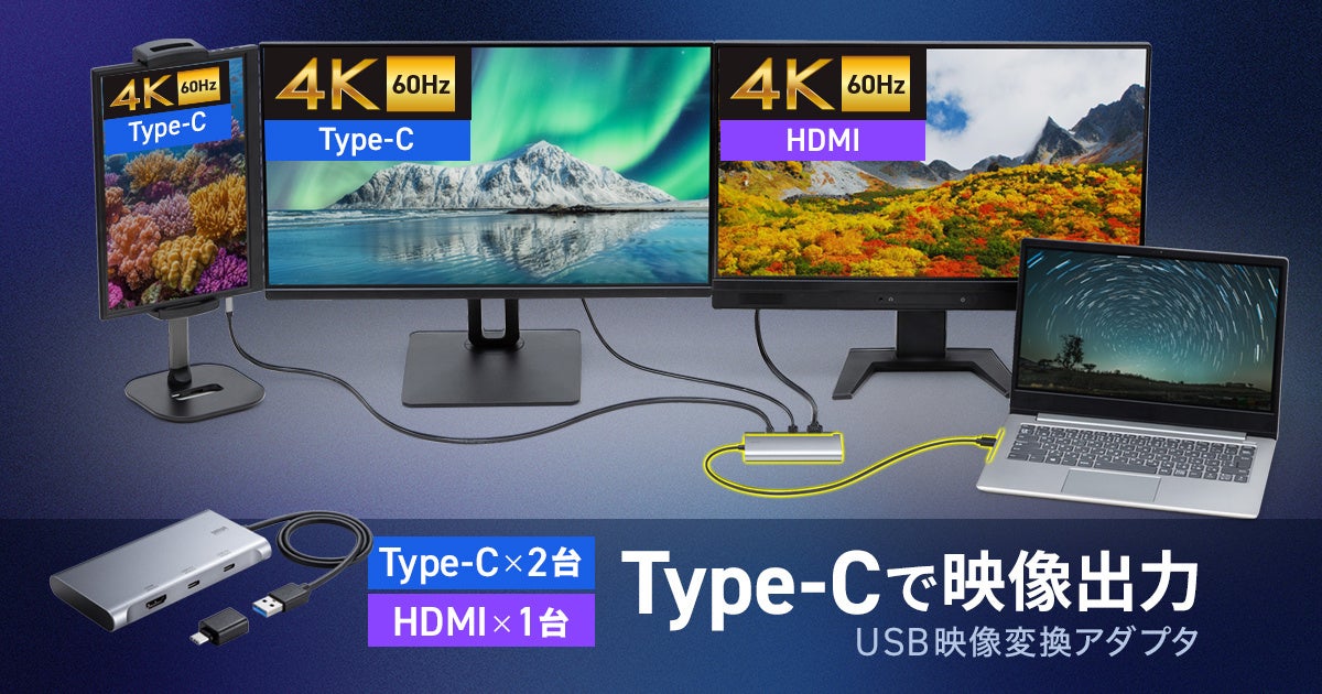 サンワサプライ、Type-Cケーブル1本で最大3画面同時出力できるUSB映像変換アダプタを発売｜USB-CVU3HD9の主な特徴とマルチディスプレイ性能