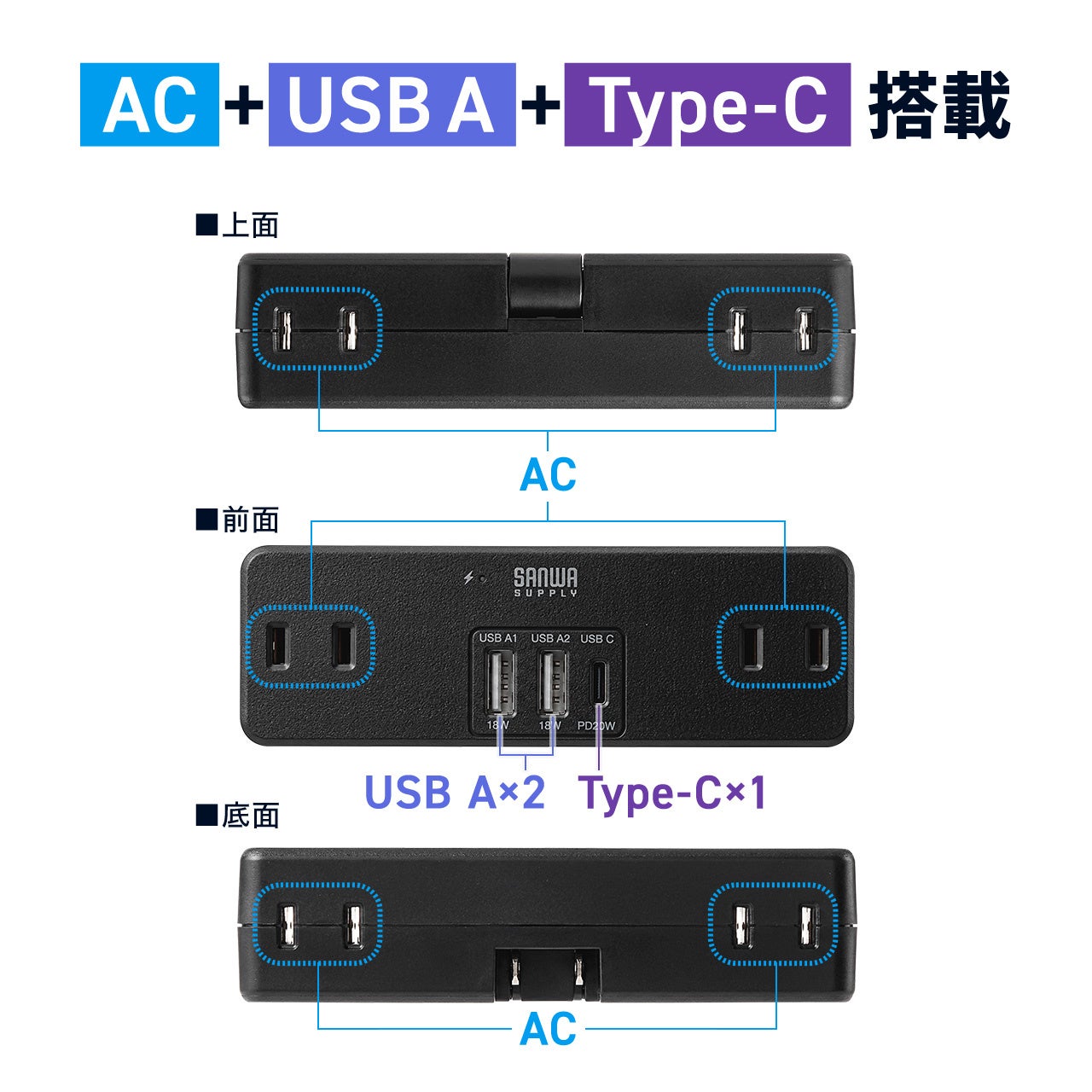 サンワサプライ、AC6個口とUSB3ポートで最大9台を接続できる直挿し電源タップの黒色を発売｜700-TAP093BKの主なスペックと販売価格（2枚目）