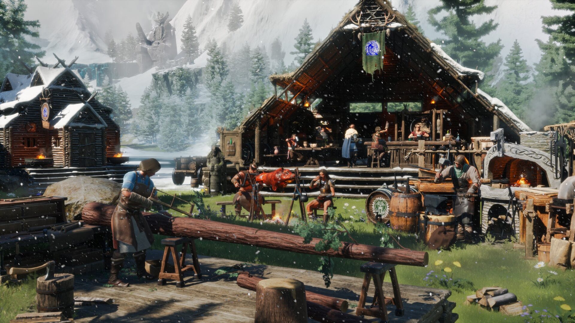 雪山を背景にした木造の拠点と焚き火や作業を行う人々が描かれたゲーム画面