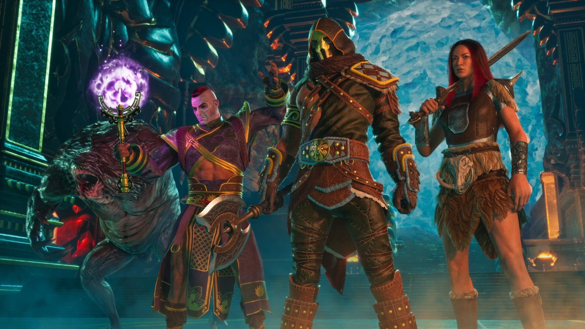 装備を身につけた3人の戦士と傍らに立つ獣のキャラクターを描いたゲーム画面
