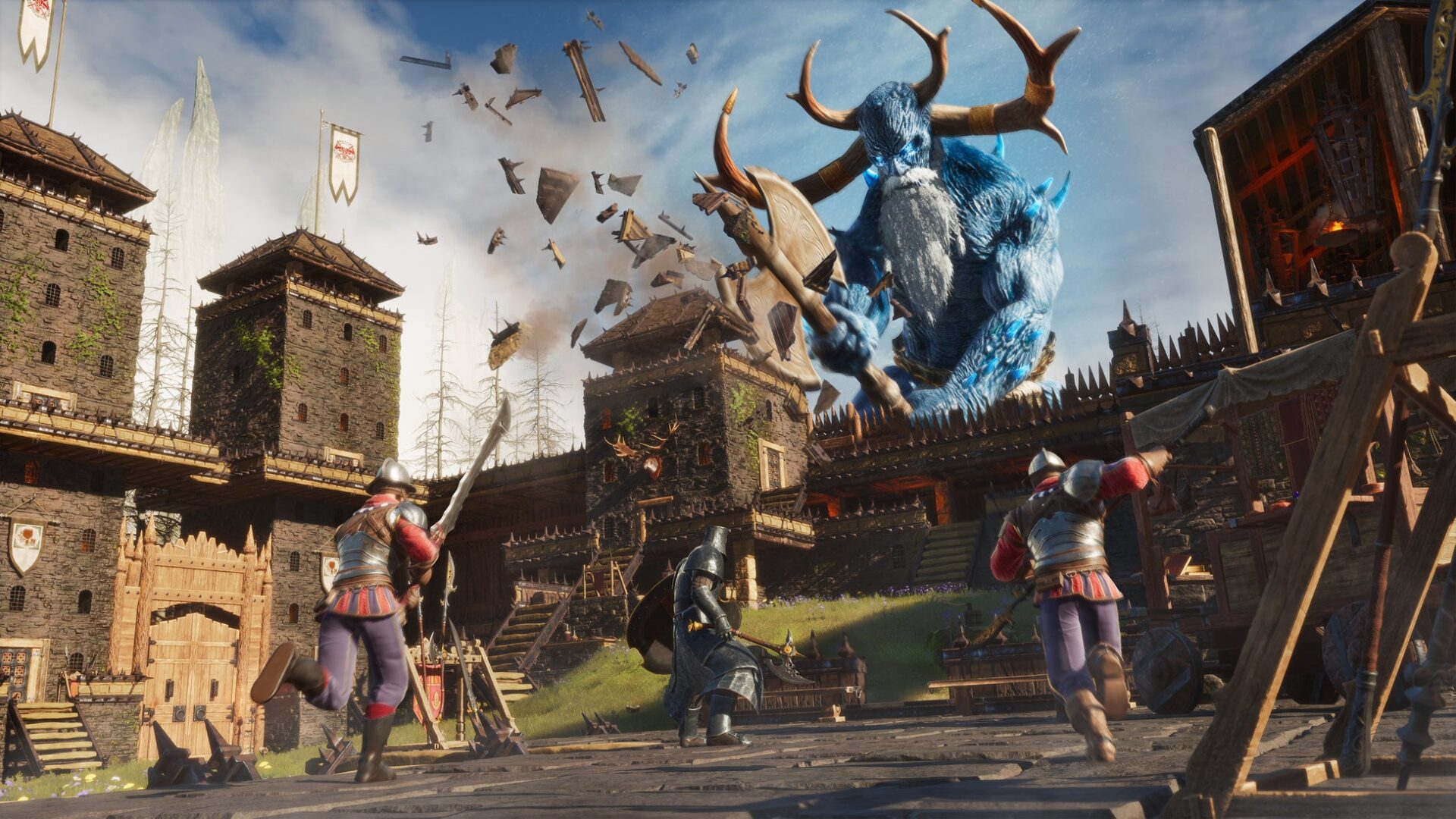 城壁の前で巨大な角を持つ青い巨人と対峙する武装した兵士たちのゲーム画面