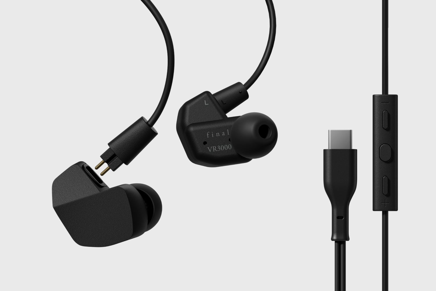 イヤホン本体と2ピン端子、USB Type-Cコネクタ、3ボタンリモコン部