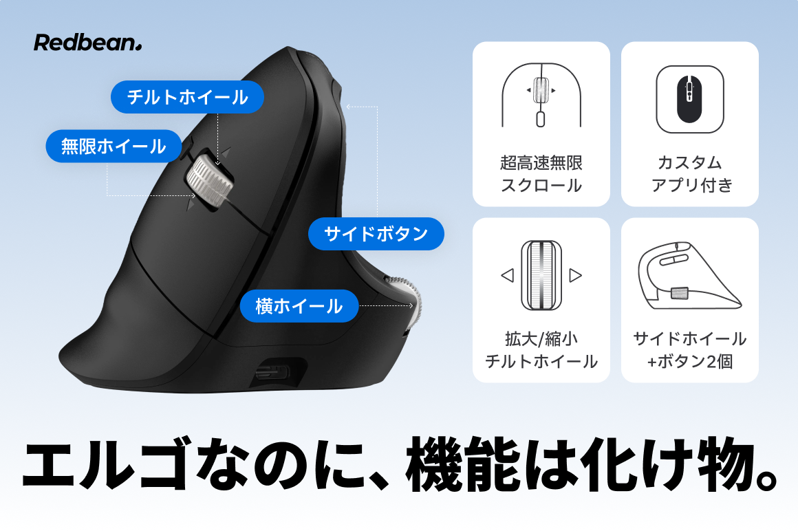 Redbean、57°の人間工学設計とツインホイールを採用したバーティカルマウス『Redbean A79R』の先行予約を開始｜取扱サイト