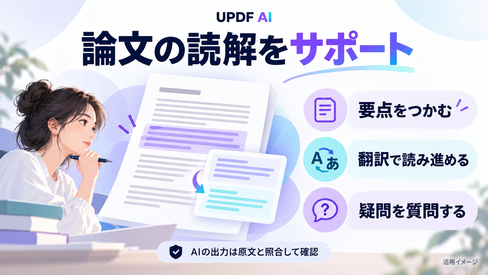 人物が資料に向き合う様子とともに、要点把握や翻訳、質問といった読解サポートの要点をアイコンとテキストで整理した図解。