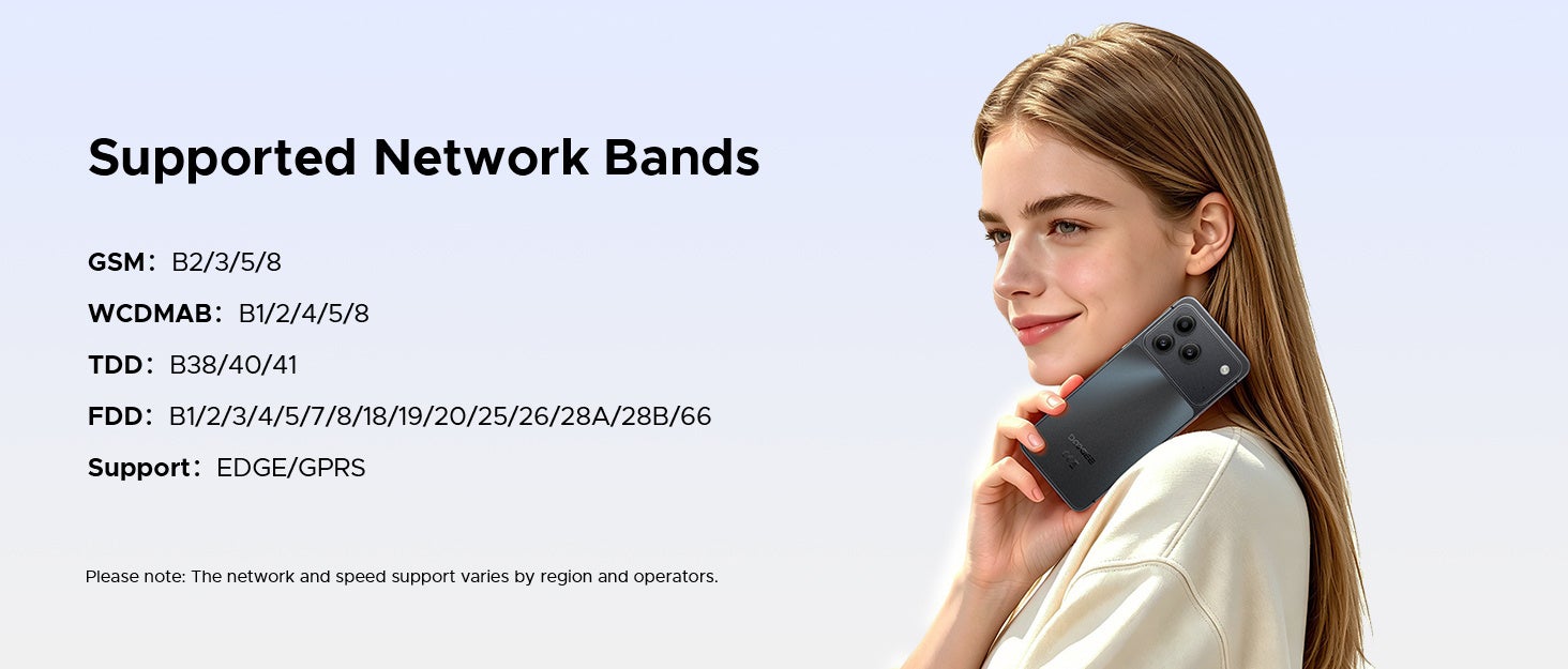 スマートフォンを手にした女性の横に、対応ネットワークの周波数帯リストが記載された図版。