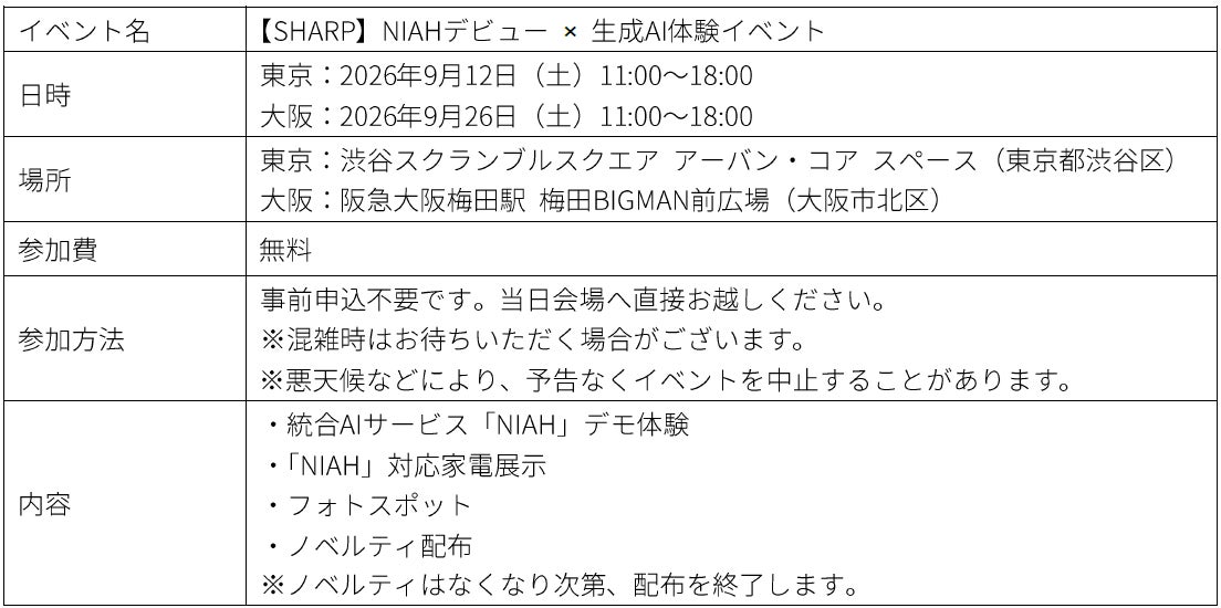シャープ、統合AIサービス「NIAH」の先行体験イベントを東京・大阪で開催｜イベントの開催概要と日時