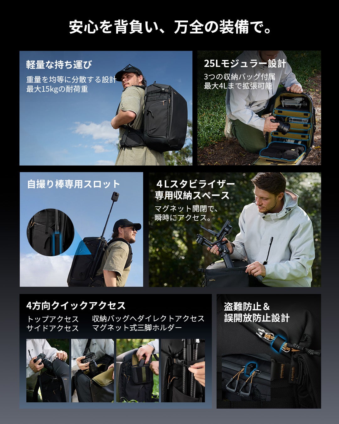 SmallRig、4L拡張や4方向クイックアクセスに対応する25L大容量カメラバッグを発売|撮影スタイルに合わせて変更できるモジュラー収納と背負い設計