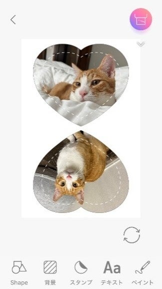2つのハート形の枠内にそれぞれ猫の写真が配置されたスマートフォンのアプリ編集画面