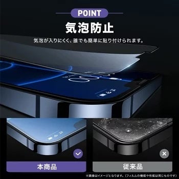 保護フィルムを装着する様子と端面の気泡防止を従来品と比較した図版