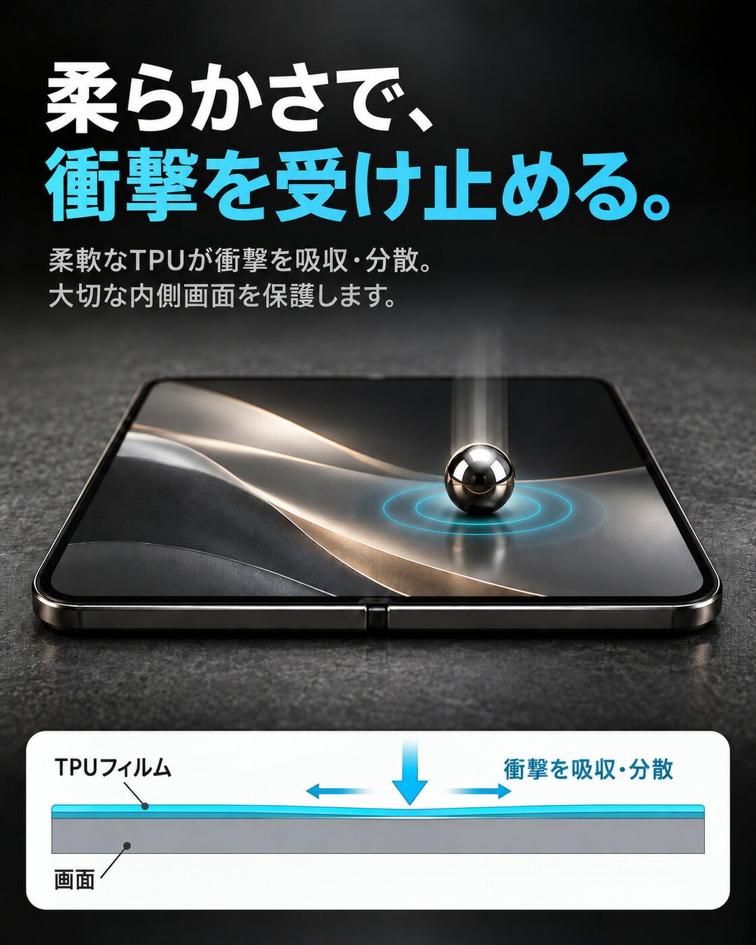 画面に落ちる金属球と衝撃を分散・吸収する層構造を示した説明図版
