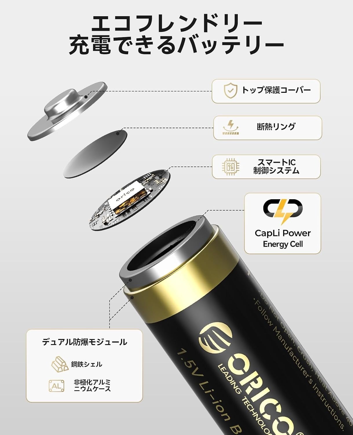 ORICO、1.5V安定出力・2300mWh高容量の単三リチウム充電池を発表|ORICO単三リチウム充電池の製品仕様