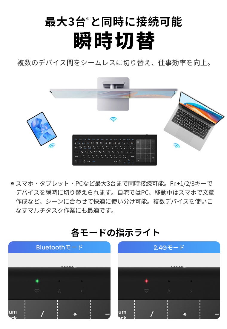 L&Lライブリーライフ、タッチパッドとテンキーを切り替えられる薄型ワイヤレスキーボードを販売中｜最薄部約6mm・約300gの薄型軽量設計