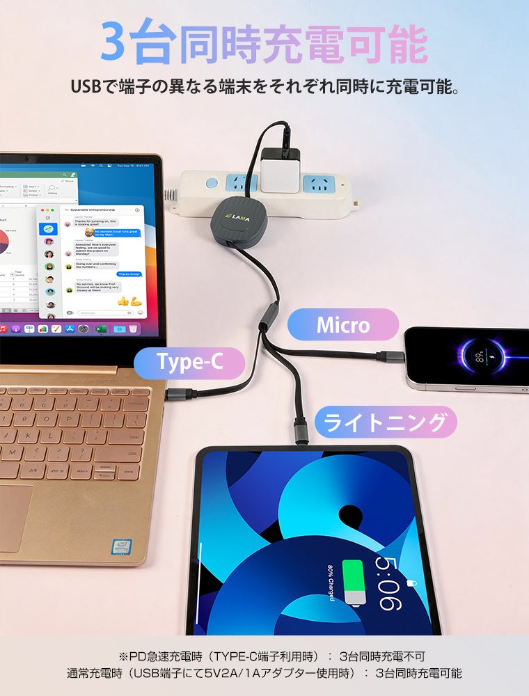 LLライブリーライフ、最大240W出力や3台同時充電に対応する巻き取り式充電ケーブルを発売(2枚目)
