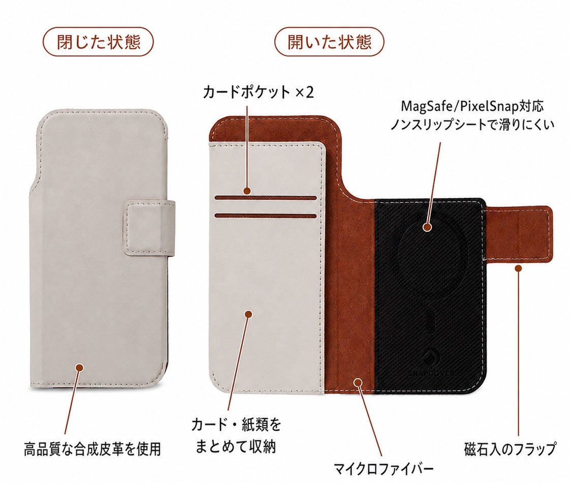 ディーフ、MagSafe・Pixelsnap対応の着脱式手帳型カバー「SNAPCOVER2」を一般販売開始|取扱サイト