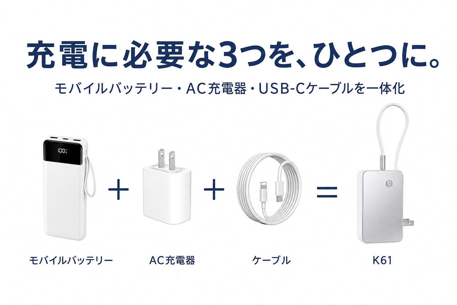 リスカイ、AC充電器とケーブルを一体化した3in1モバイルバッテリー「K61」を発売｜充電に必要な機能をひとつにまとめた一体型デザイン
