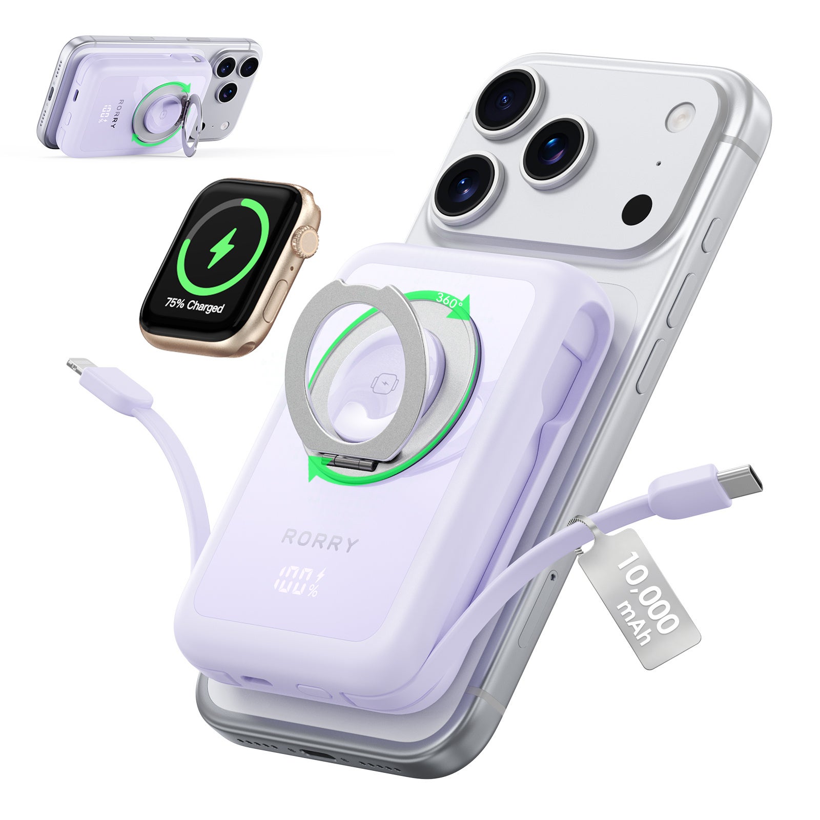 RORRY、2本ケーブル内蔵と360°スタンドを備えたMagSafe対応モバイルバッテリー「RORRY MagAir」を発売|製品仕様(4枚目)