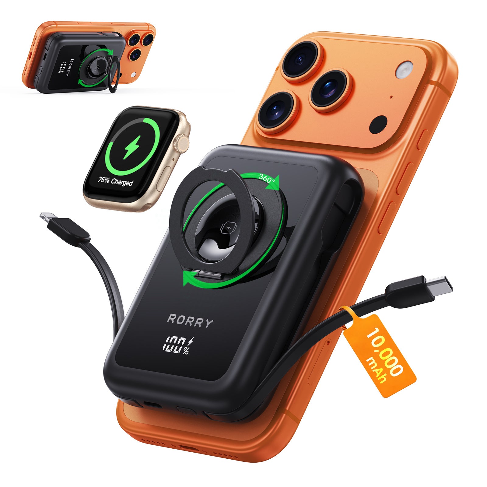 RORRY、2本ケーブル内蔵と360°スタンドを備えたMagSafe対応モバイルバッテリー「RORRY MagAir」を発売|製品仕様(5枚目)