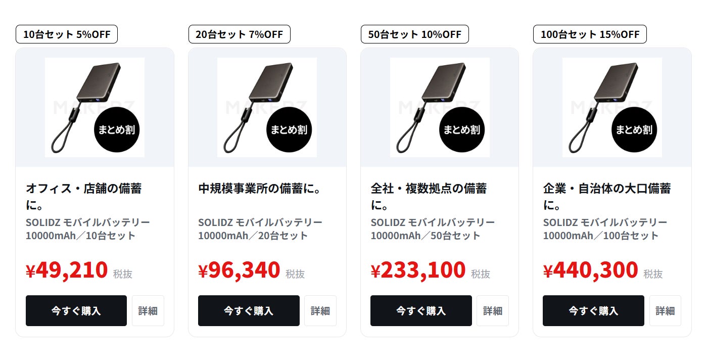 メイカーズ、半固体モバイルバッテリー『SOLIDZ Power Bank』の法人向けまとめ割を開始｜法人向けまとめ割のラインナップと価格（3枚目）