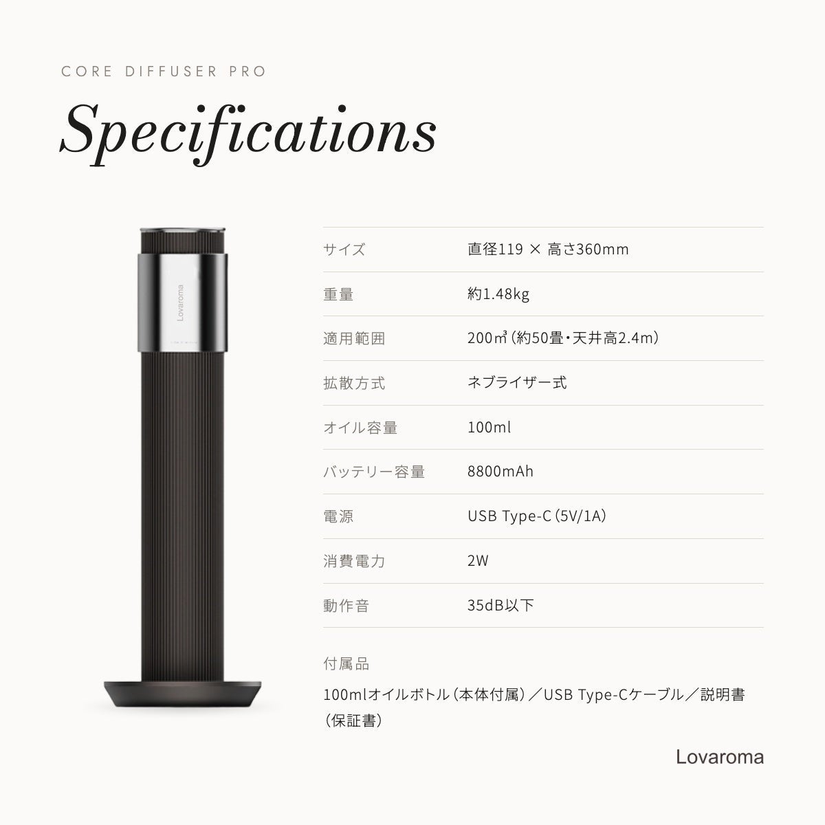 ここ株式会社、約50畳の空間に対応するコードレスアロマディフューザー「Core Diffuser Pro」を発売|製品概要と価格(4枚目)
