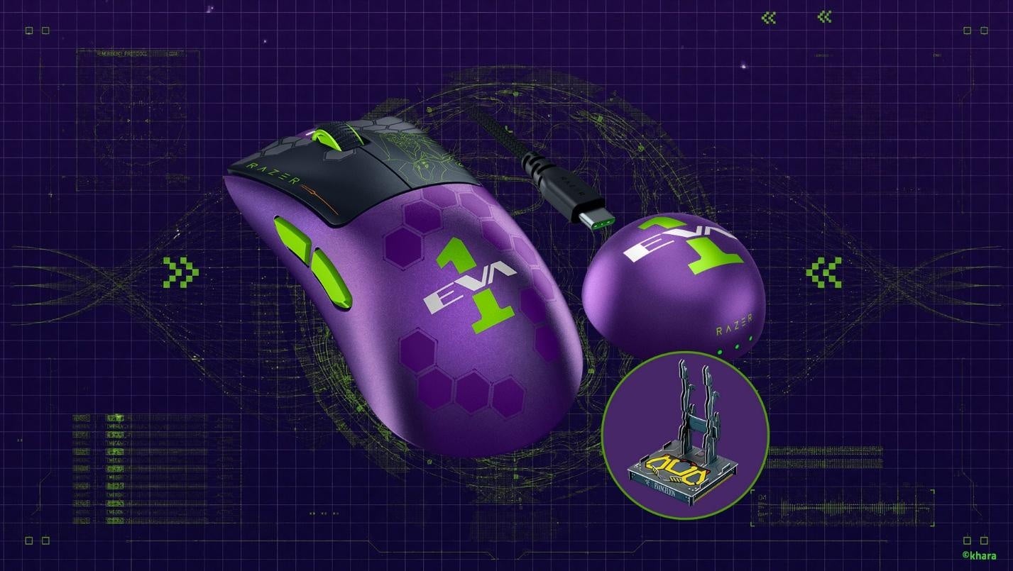 紫と緑の配色が施されたワイヤレスマウスと付属のディスプレイスタンド