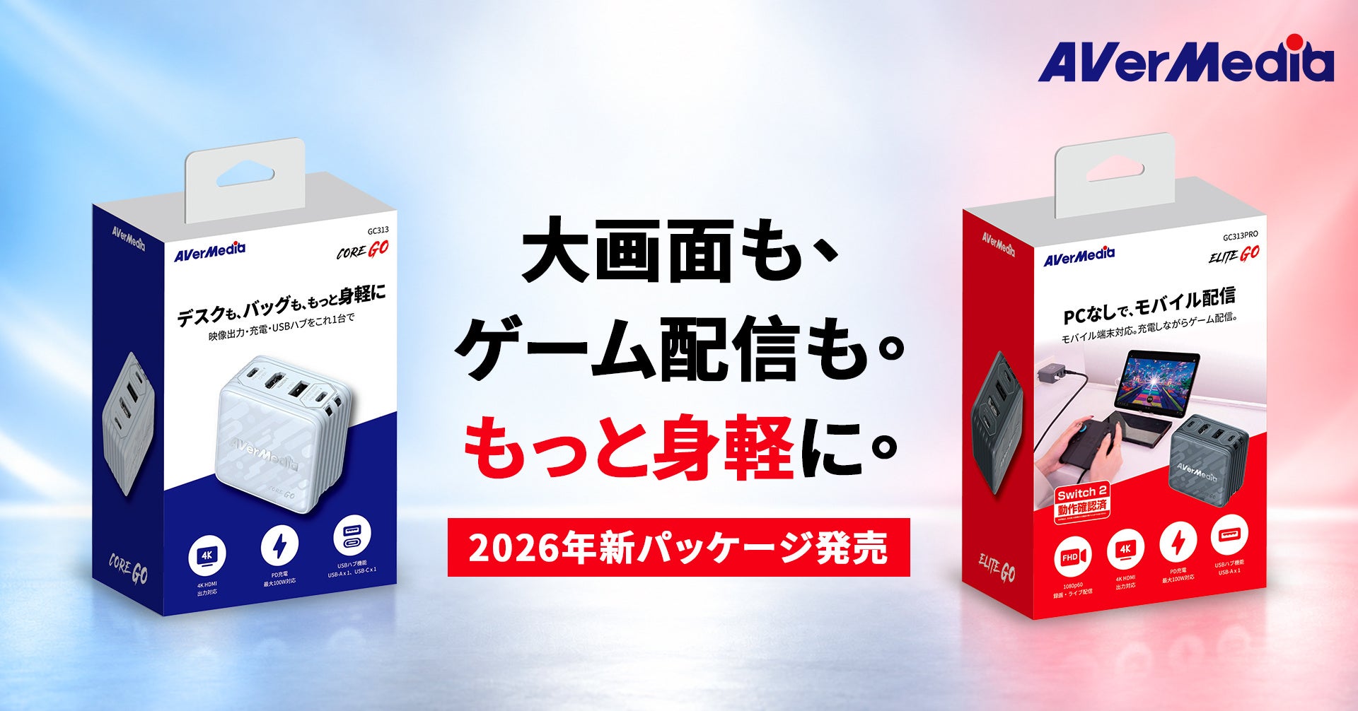 青と赤を基調とした2製品のパッケージと製品外観、キャッチコピーを配置した告知図版表組み