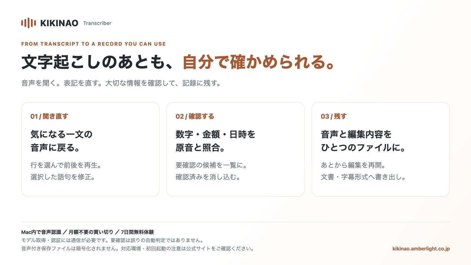 聞く・確認する・残す。一人で記録を仕上げる作業をつなぎます。