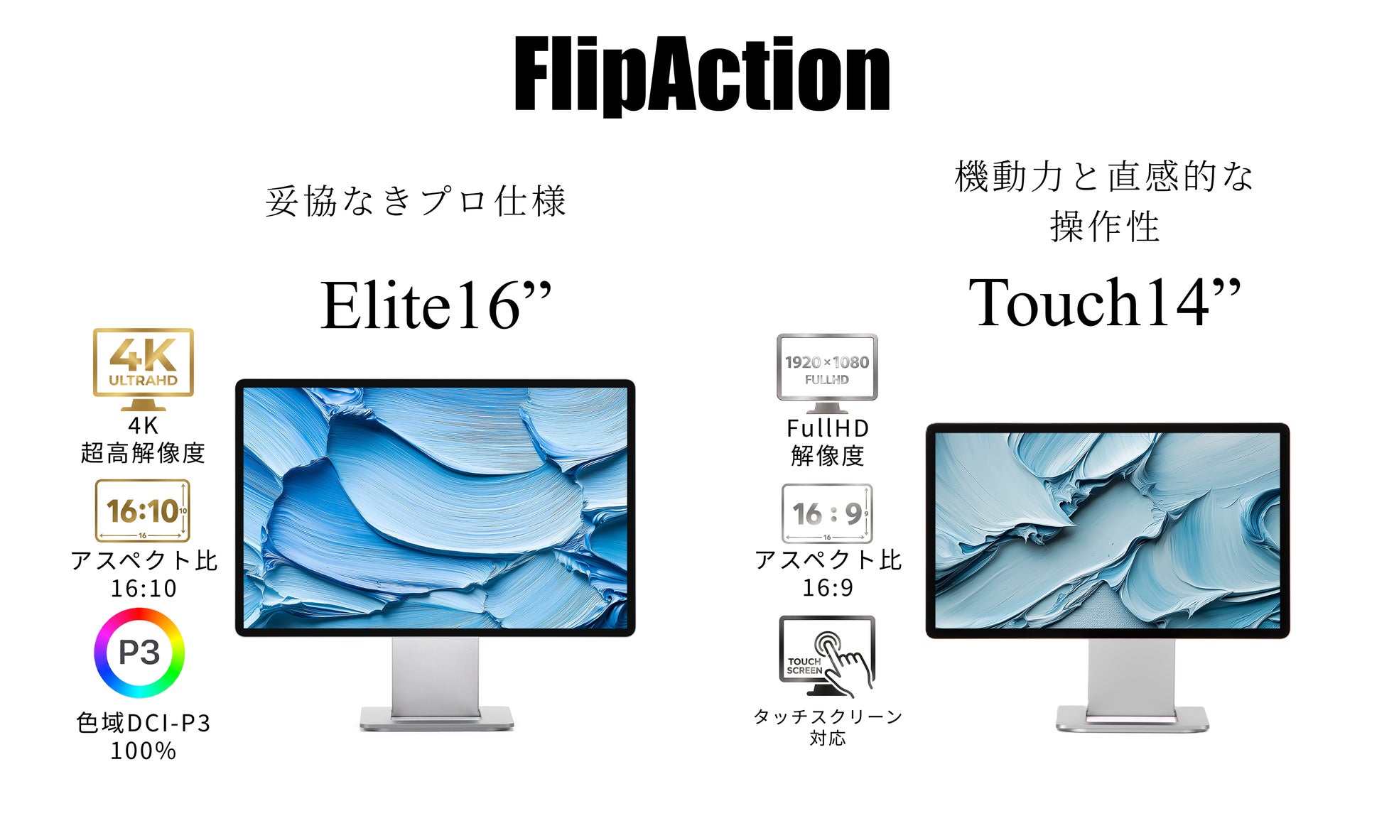 MIRAIBAR、ポータブルモニター「FlipAction Elite16/Touch14」のMakuake応援購入を受付中｜製品ラインナップと予定価格（3枚目）