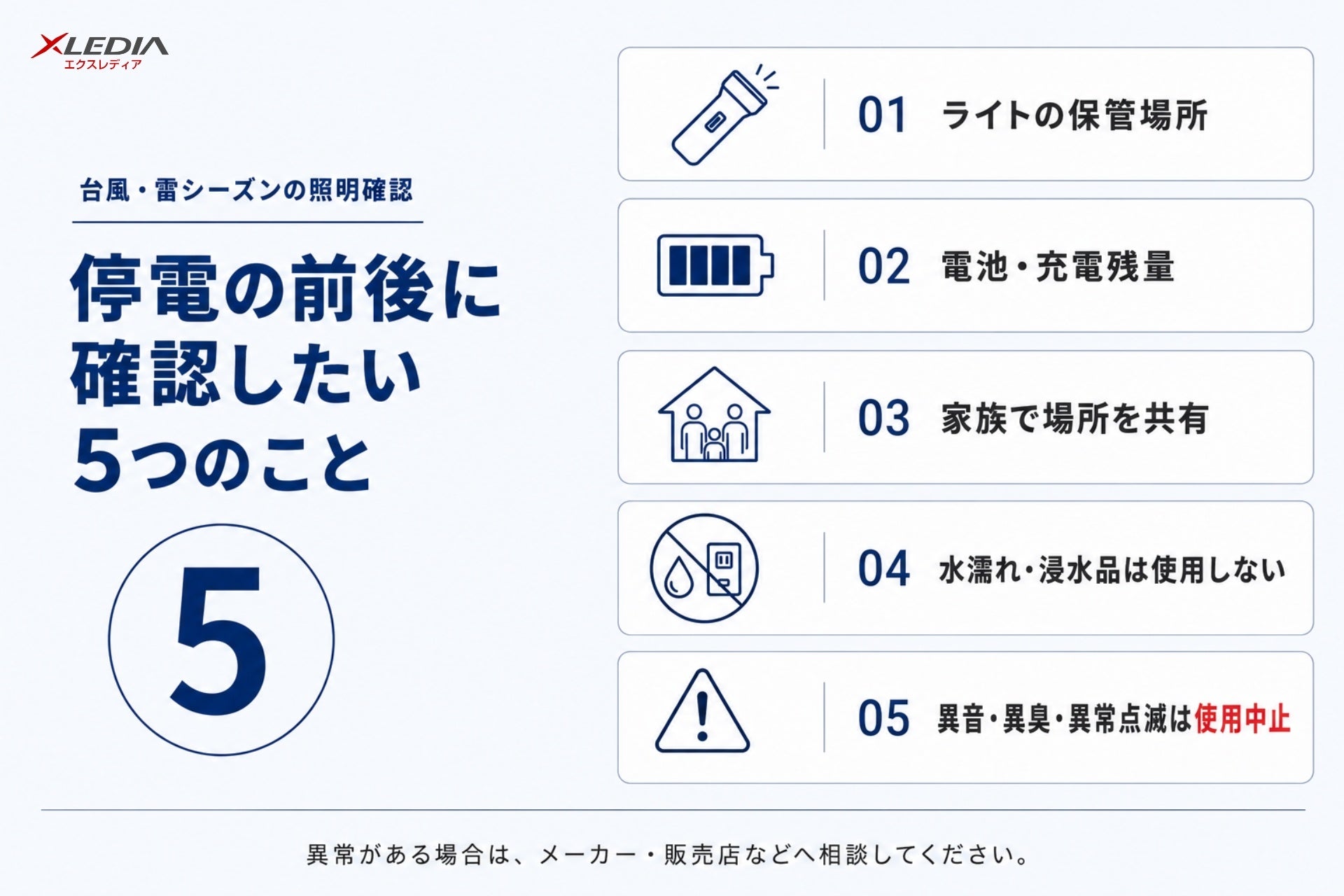 日本エクスレディア、台風や雷シーズンの停電に備える照明の基礎情報を紹介｜一般用LED電球と停電時の照明の違い