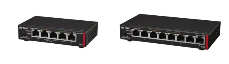 バッファロー、手のひらサイズで4方向壁掛けに対応した法人向けPoE＋対応レイヤー2スイッチ2機種を発売