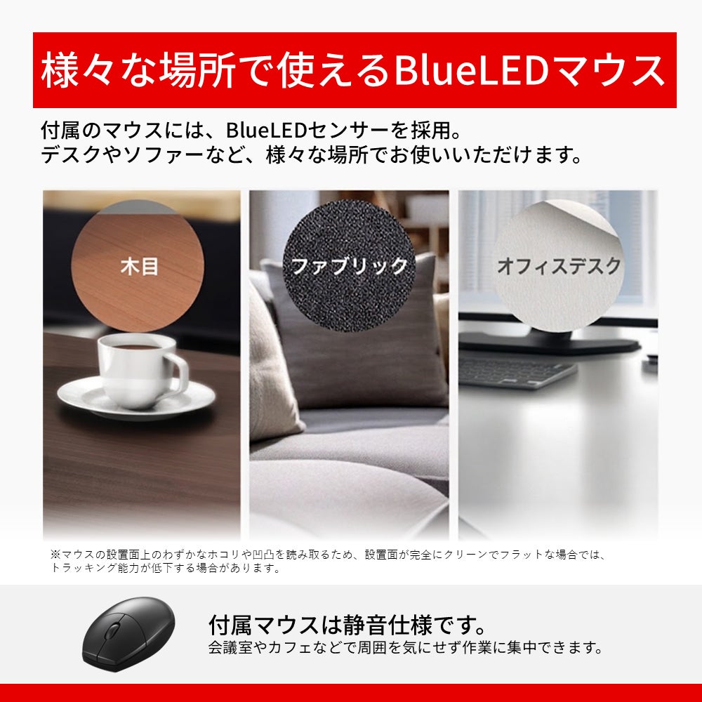木目や布地などの設置面イメージと静音マウス本体を並べた機能紹介図