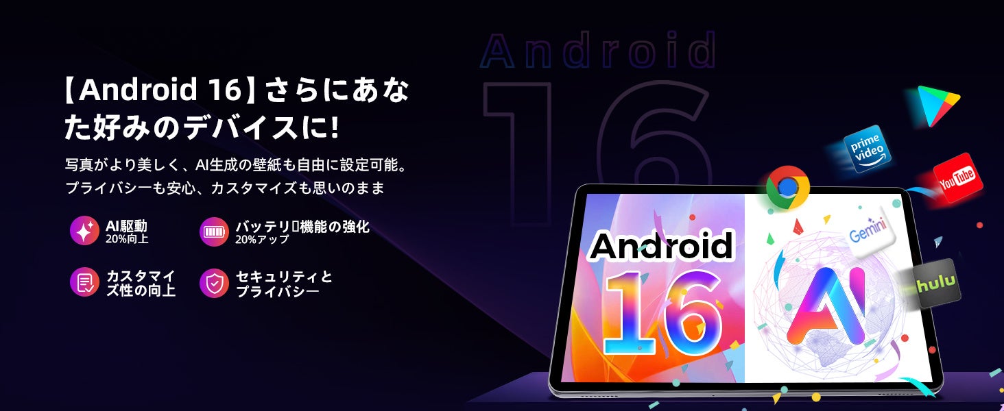 タブレット端末のディスプレイとOSやAI機能に関連するアイコンを配した紹介図版
