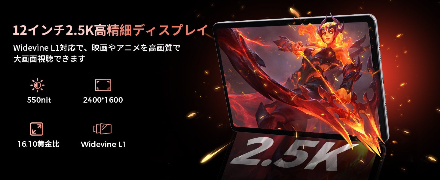 画面にグラフィックを表示したタブレット端末と、ディスプレイ仕様を示すアイコン入りの製品画像
