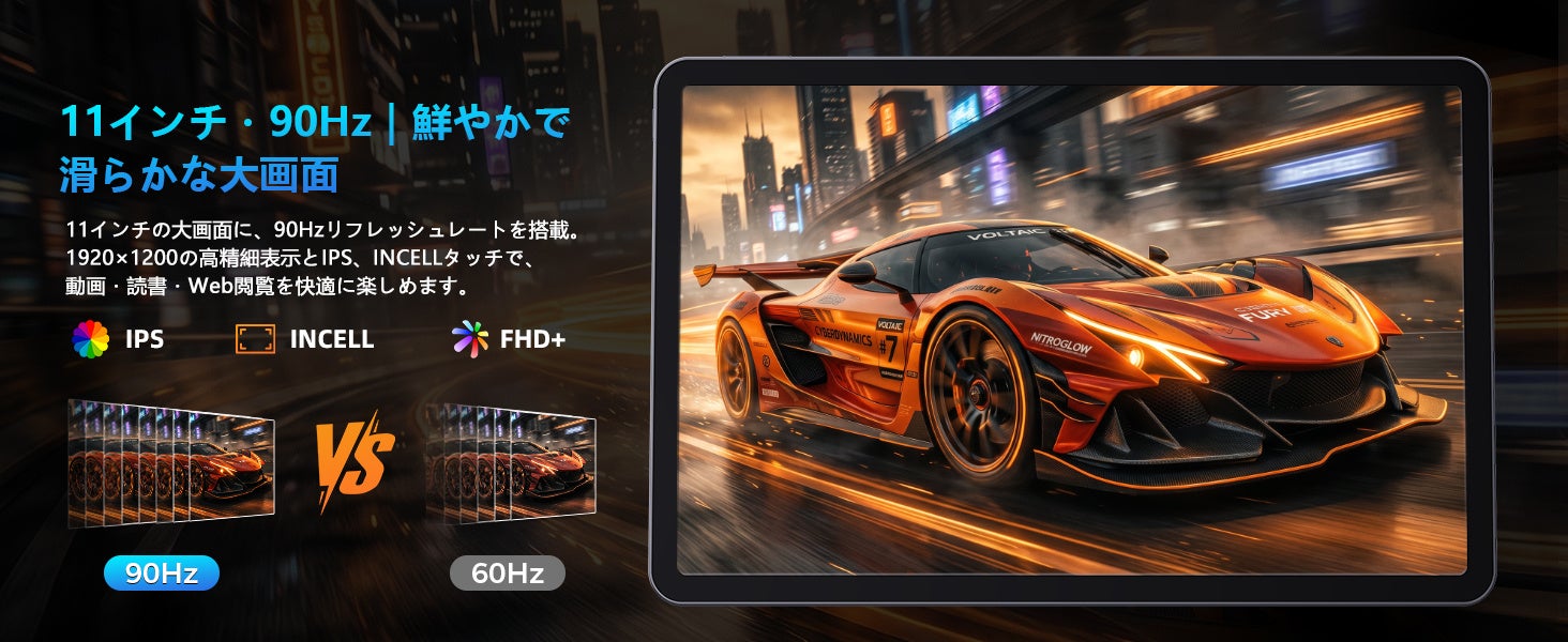 タブレットのディスプレイ表示とリフレッシュレートの比較を示した図版