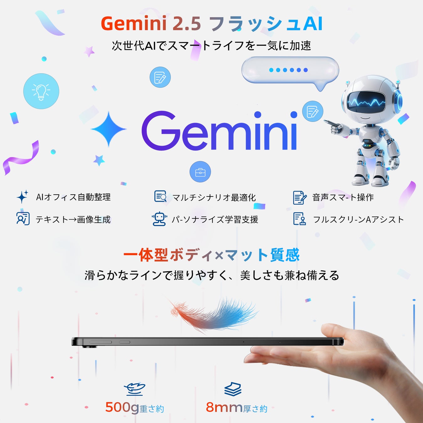 AI機能のアイコン群と小型ロボット、端末を横向きに保持した手元が配置された図版