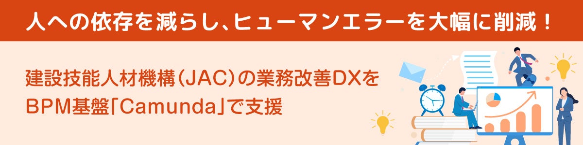 業務改善DXの支援内容を示す見出し文字と、ビジネスパーソンやPCモニター、時計などが描かれた横長のイラスト。