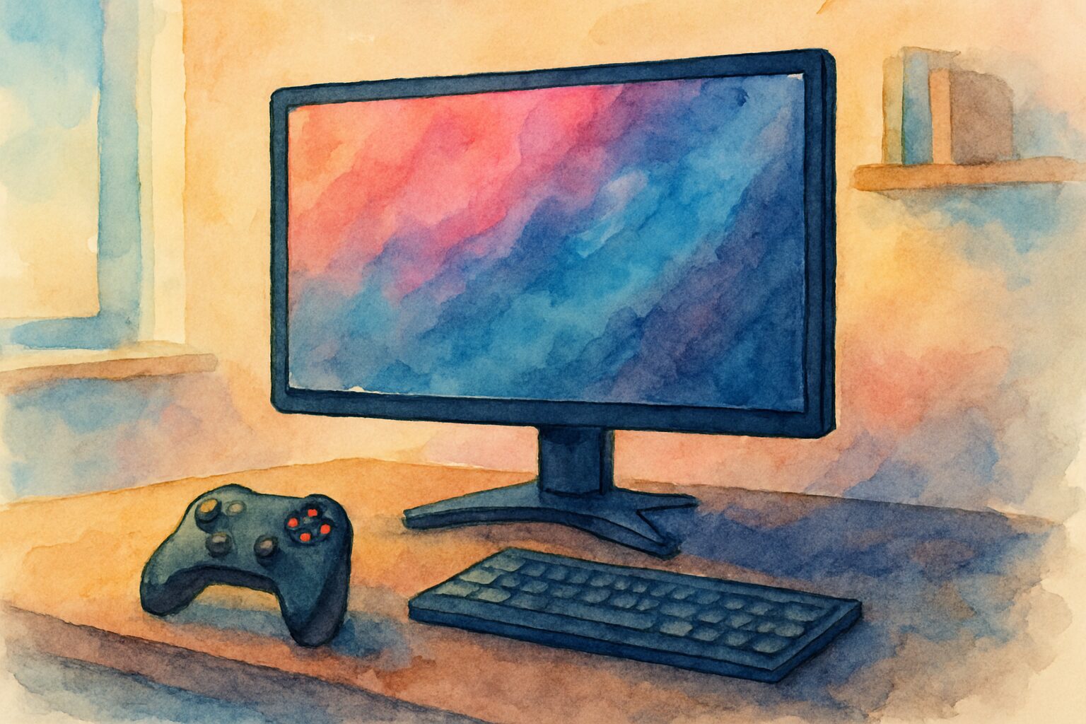 机の上にPCモニター ゲームコントローラー キーボード