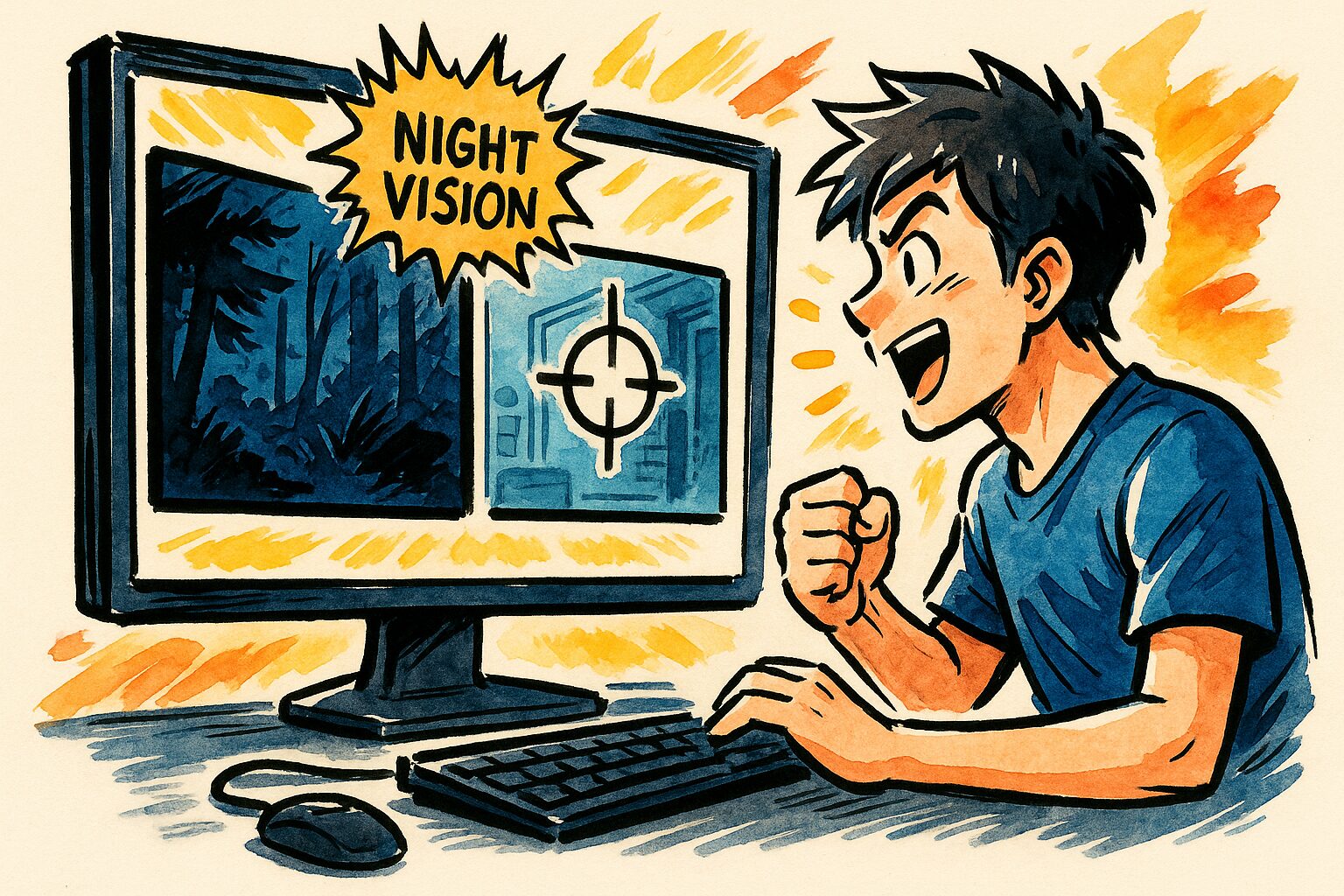 パソコンでNIGHT VISIONと表示されたゲーム画面を見て喜ぶ男性